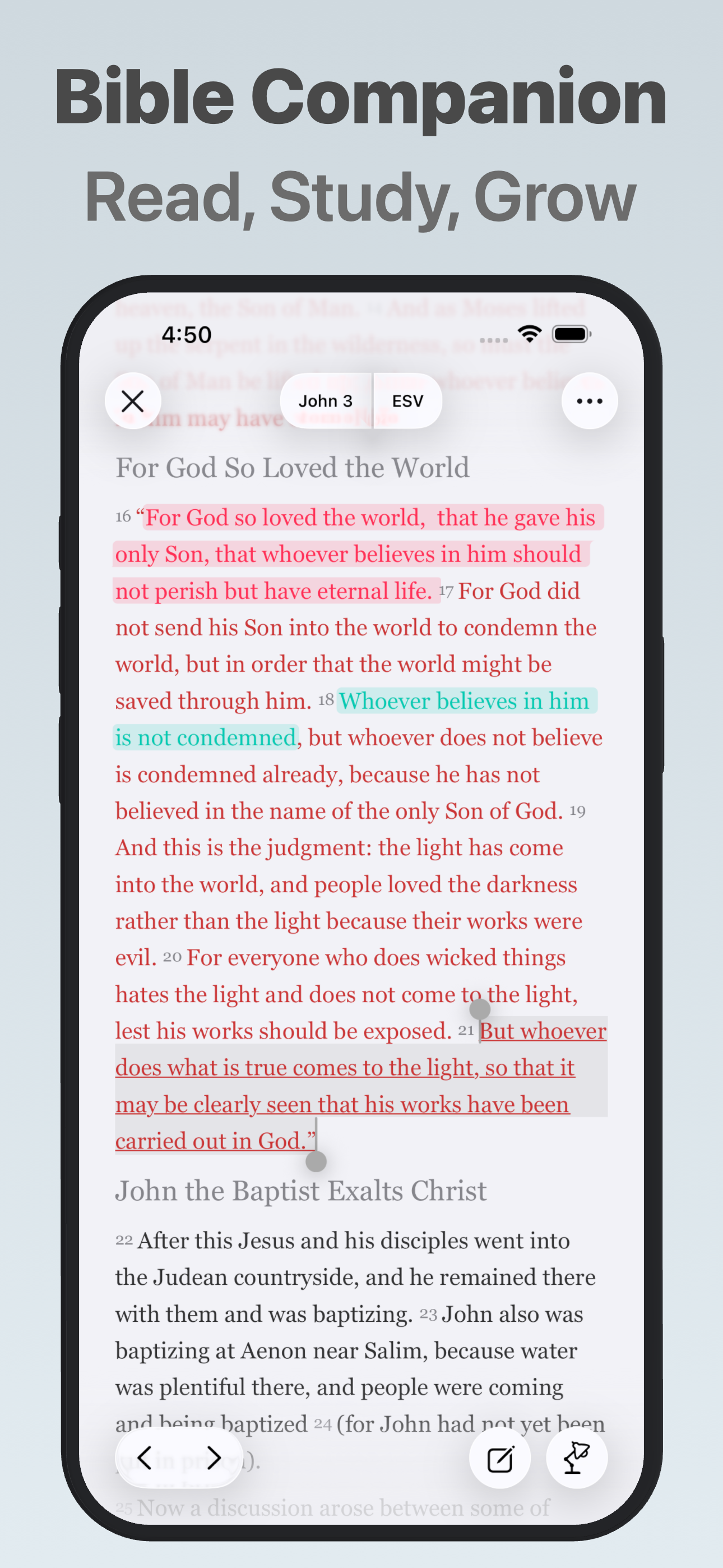 Bible Companion showing John 3 with highlighted and underlined verses.