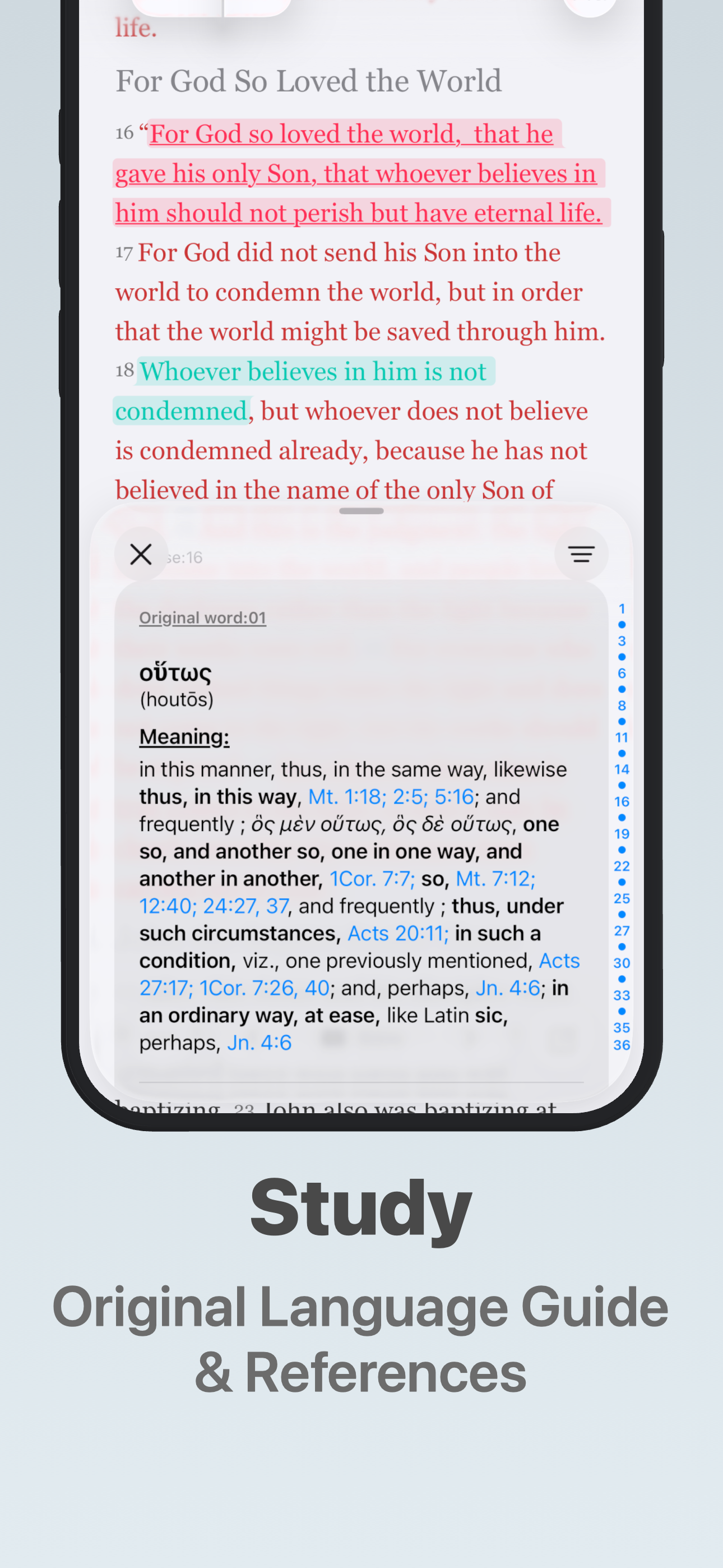 An original Greek word, its meaning, and related Scripture references.