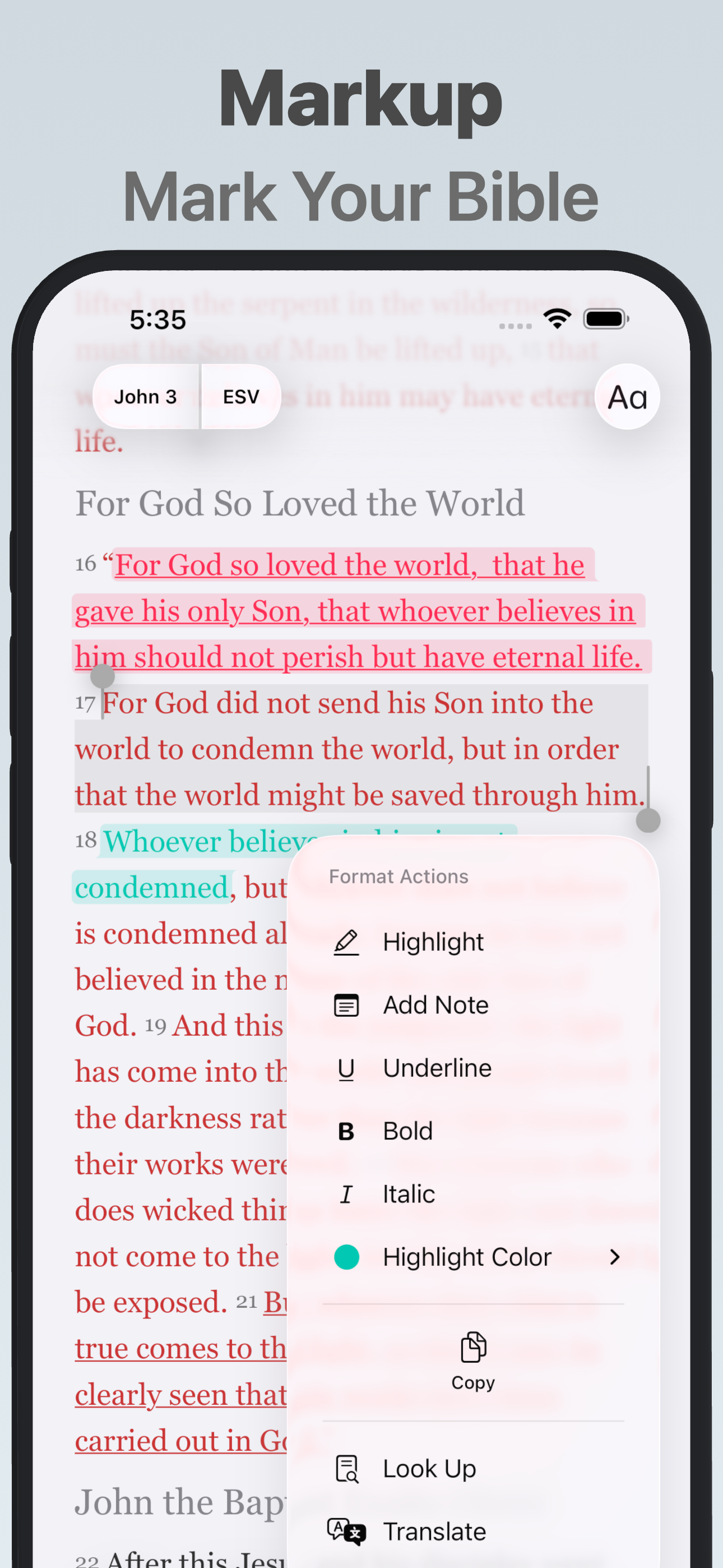 Verse formatting options including highlights, notes, underlining, and bold text.