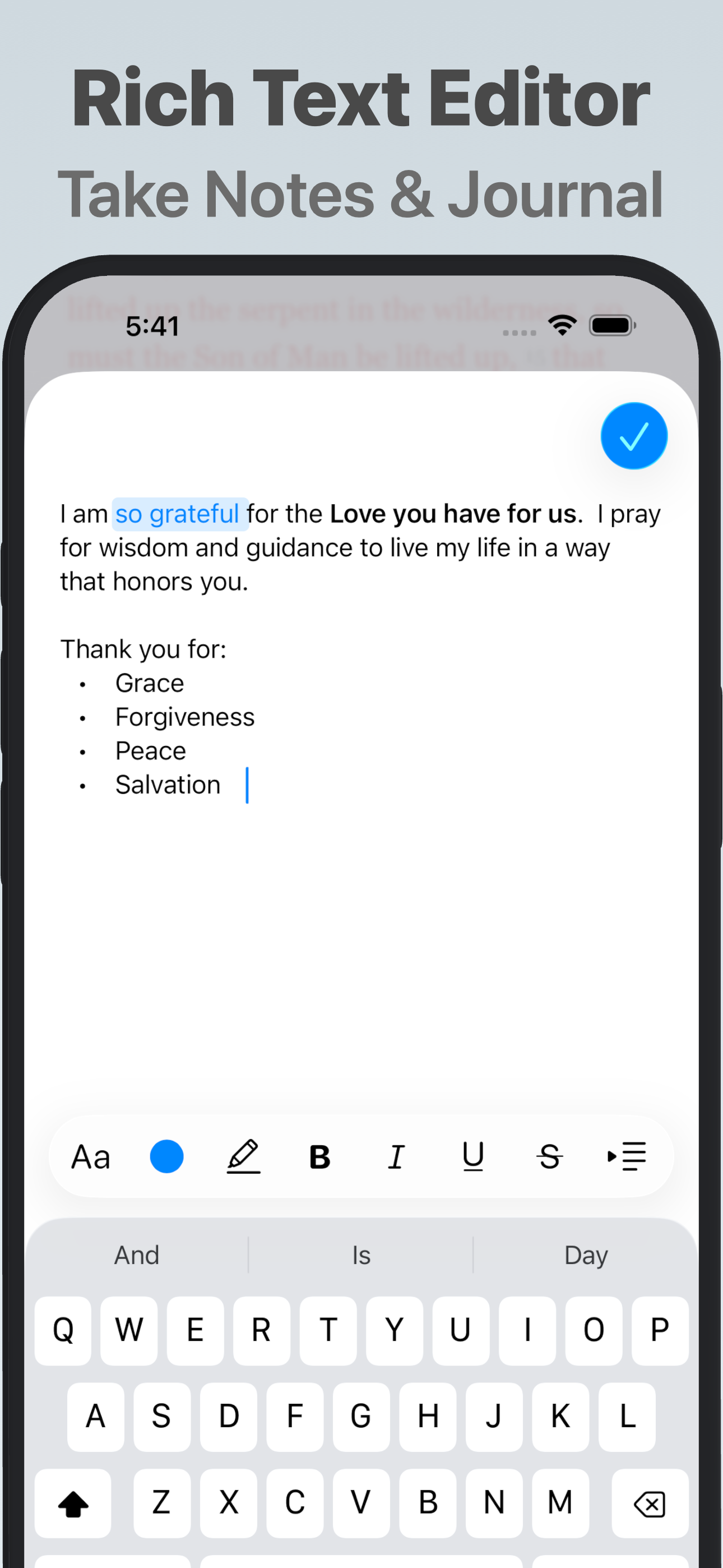 A personal journal entry with rich text formatting and a gratitude list.